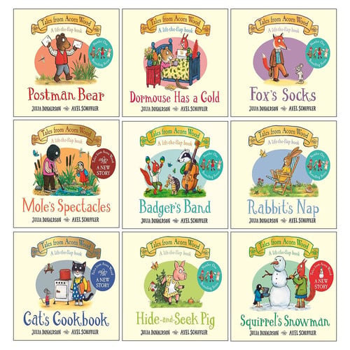Julia Donaldson Tales From Acorn Wood Series Collection 9 Books Set (Fox's Socks, Hide-and-seek Pig, Postman Bear,Rabbit's Nap,Cat's Cookbook, Squirrel's Snowman, Mole's Spectacles & More)