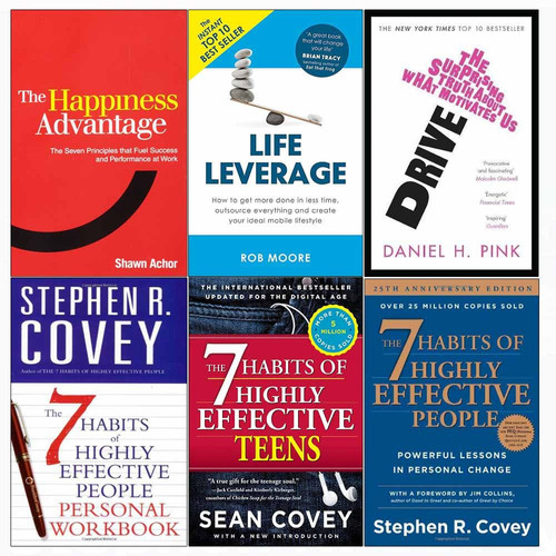 Happiness advantage, drive, life leverage, 7 habits of highly effective people and teens and personal workbook 6 books collection set