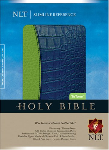 Holy Bible: New Living Translation, Blue Gator/Pistachio Tutone, Leatherlike, Slimline Reference