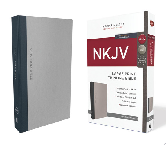 NKJV, Thinline Bible, Large Print, Cloth Over Board, Gray/Blue, Red Letter Edition, Comfort Print