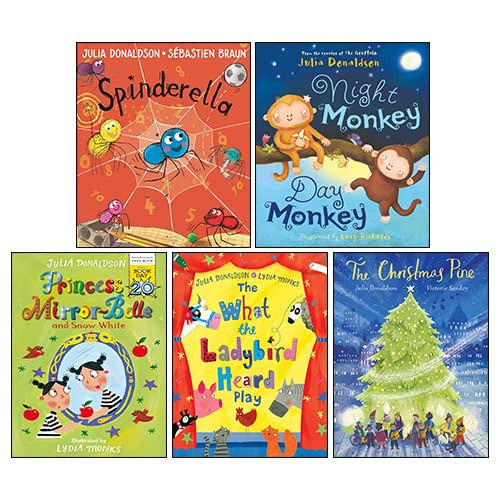 Julia Donaldson Collection 5 Books Set (Night Monkey, Day Monkey, Spinderella, Princess Mirror-Belle and Snow White, The What the Ladybird Heard Play, Christmas Pine)
