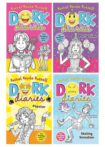 Dork Diaries Series (Book 1-4) By Rachel Renee Russell 4 Books Collection Set (Dork Diaries, Dork Diaries: Party Time, Dork Diaries: Pop Star & Dork Diaries: Skating Sensation)