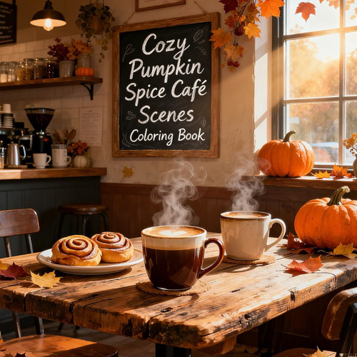 Cozy Pumpkin Spice Café Scenes Coloring Book: Fall Coffee Shop Vibes, Warm Drinks & Autumn Charm: Whimsical autumn cafés, pumpkin desserts, and cozy fall moments to color and relax.